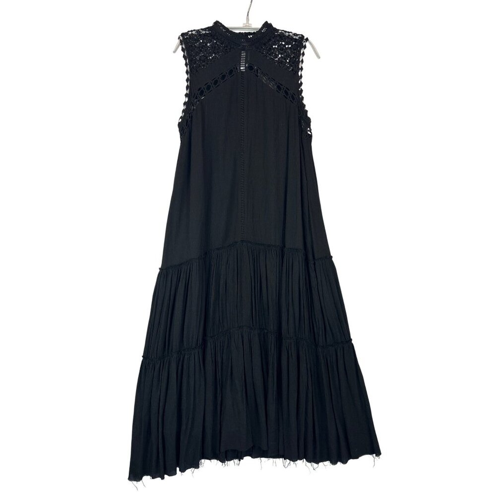 Fate Black Sleeveless Tiered Maxi Dress Lace Crochet Raw Hem Boho - Picture 5 of 13
